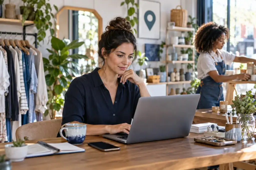 Small-business owner building her company’s online presence