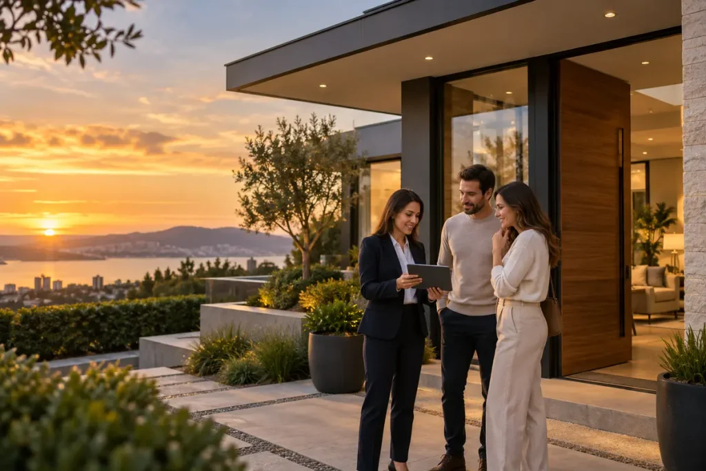 Property professional presenting a modern home to prospective buyers